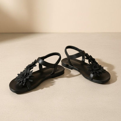 Black Flower Sandals for Women, Floral Flat Sandals, Strappy Summer Vacation Shoes