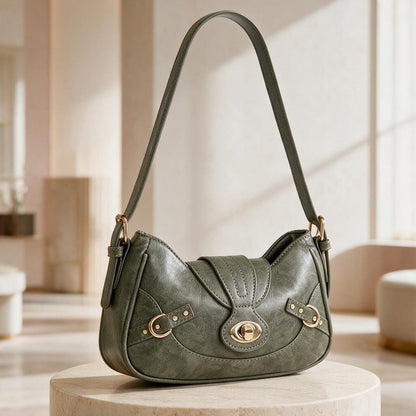 Olive Green Shoulder Bag, Y2K Vintage Purse, Buckle Baguette Handbag, Retro Bag