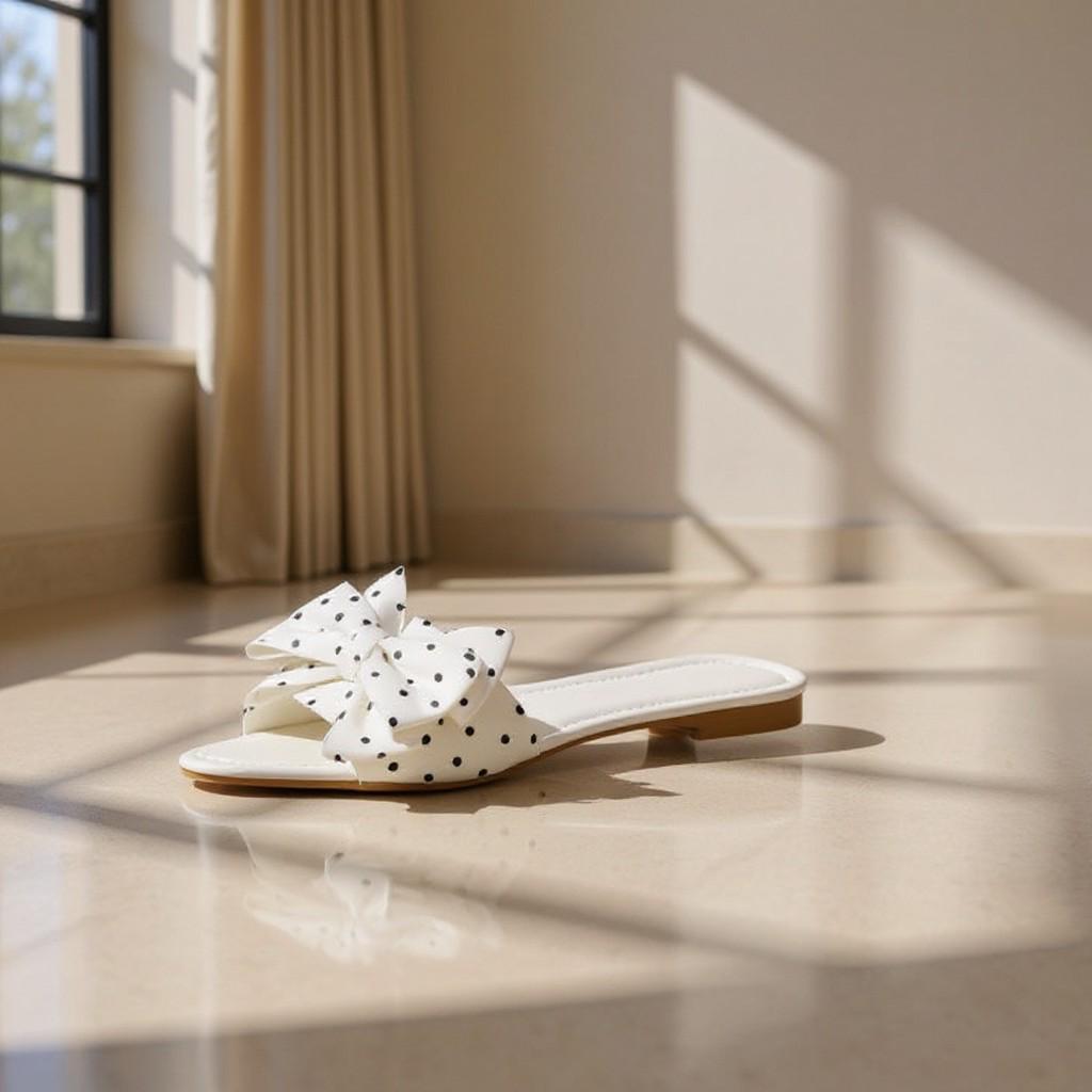 White Bow Slide Sandals, Polka Dot Flat Sandals, Oversized Bow Summer Shoes