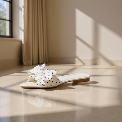 White Bow Slide Sandals, Polka Dot Flat Sandals, Oversized Bow Summer Shoes