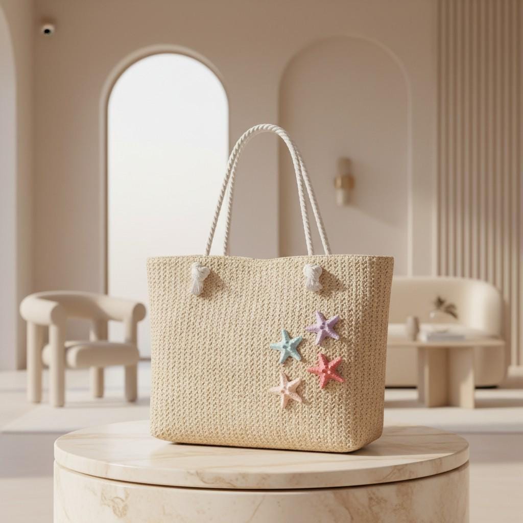 Starfish Beach Tote Bag, Natural Woven Shoulder Bag, Coastal Summer Purse, Large Vacation Tote for Women
