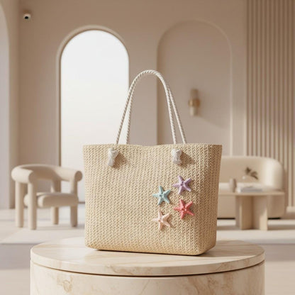 Starfish Beach Tote Bag, Natural Woven Shoulder Bag, Coastal Summer Purse, Large Vacation Tote for Women