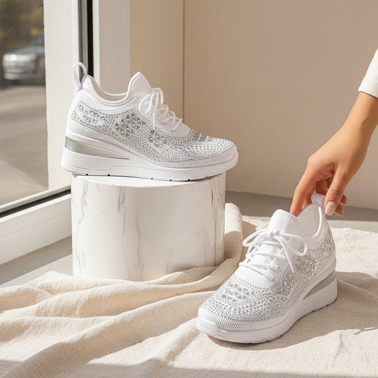 White Wedge Sneakers for Women, Embellished Platform Shoes, Knit Fashion Sneakers