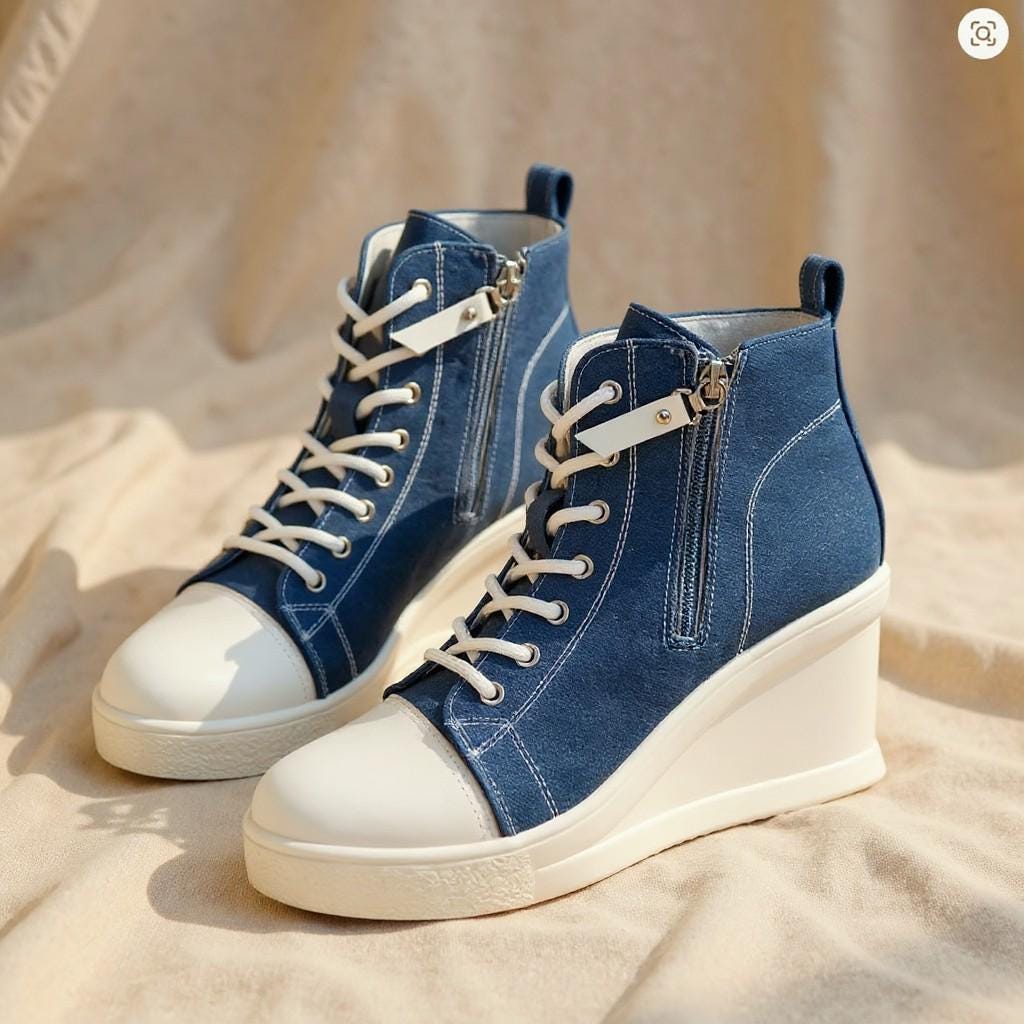 Blue Denim Wedge Sneakers, High Top Platform Shoes, Lace Up Jeans Sneakers, Women's Casual Fashion Shoes