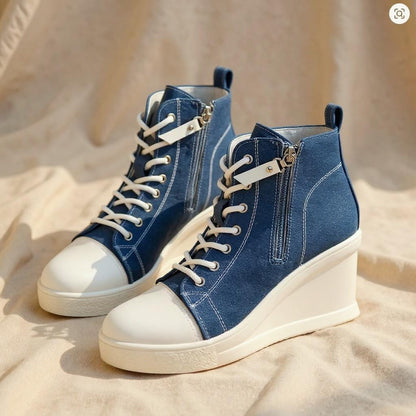 Blue Denim Wedge Sneakers, High Top Platform Shoes, Lace Up Jeans Sneakers, Women's Casual Fashion Shoes