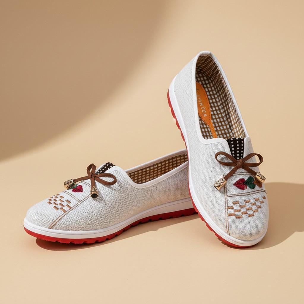 Embroidered Slip On Shoes for Women, Boho Floral Flats with Bow, Casual Summer Shoes