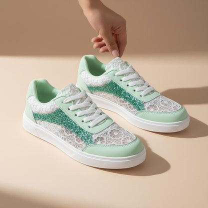 Mint Green Floral Sneakers, Women's Lace Shoes, Glitter Casual Trainers