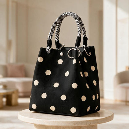 Black Polka Dot Tote Bag, White Dot Shoulder Purse, Rope Handle Handbag, Casual Womens Tote, Trendy Everyday Bag