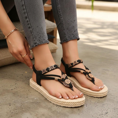 Black Flat Sandals for Women, Embellished T Strap Sandals, Boho Summer Shoes.