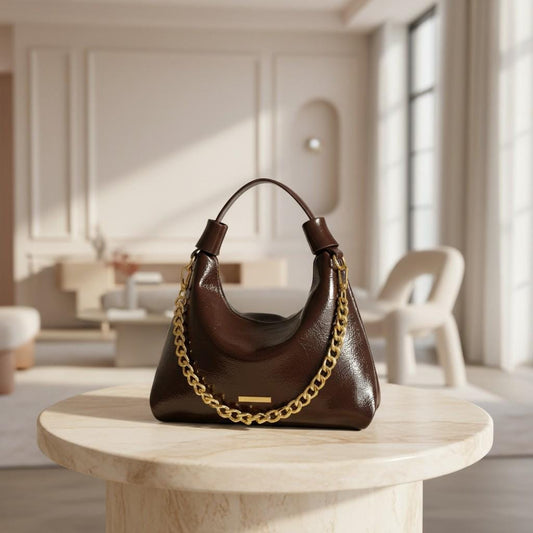 Brown Hobo Bag, Women's Shoulder Purse, Glossy Slouchy Handbag, Gold Chain Bag, Crescent Everyday Shoulder Bag