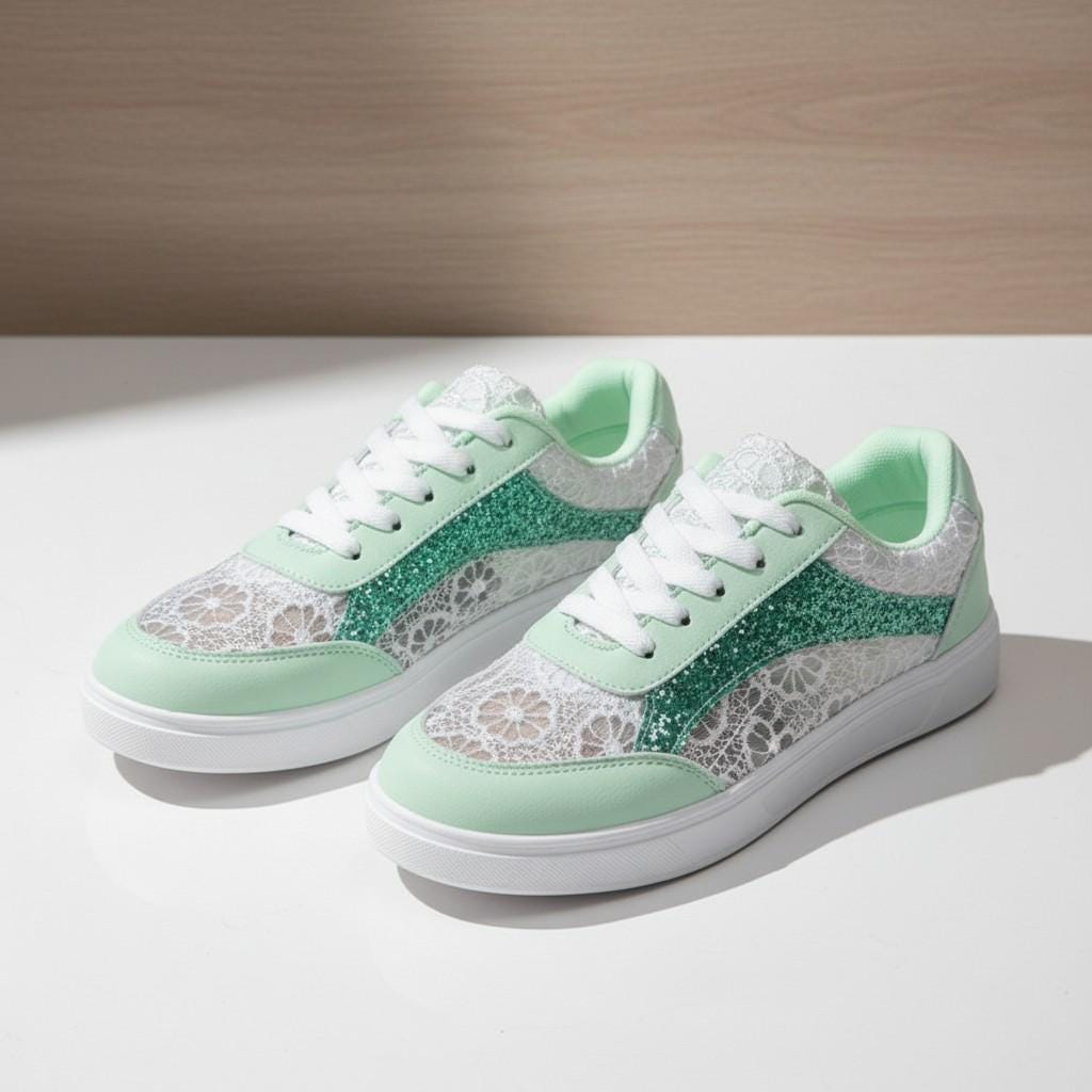 Mint Green Floral Sneakers, Women's Lace Shoes, Glitter Casual Trainers
