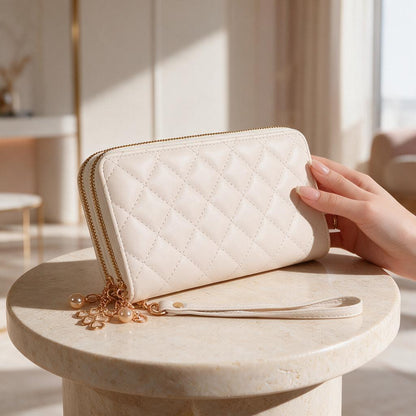 White Quilted Wristlet Wallet, Womens Zip Wallet, Elegant Long Wallet, Gift for Her