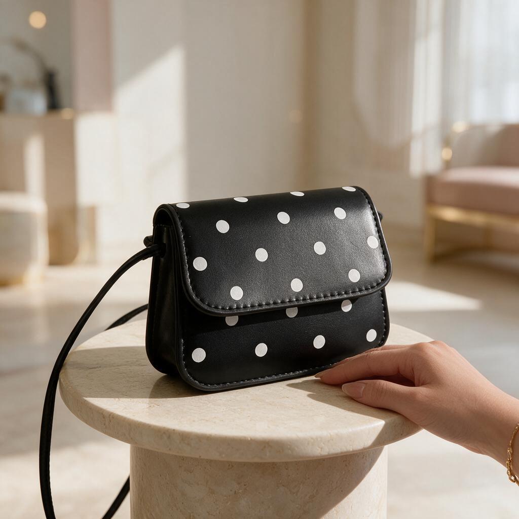 Black Polka Dot Crossbody Bag, Mini Shoulder Purse, Black White Handbag, Cute Flap Bag, Small Everyday Crossbody