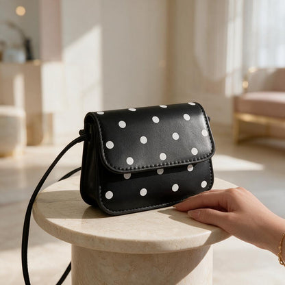 Black Polka Dot Crossbody Bag, Mini Shoulder Purse, Black White Handbag, Cute Flap Bag, Small Everyday Crossbody