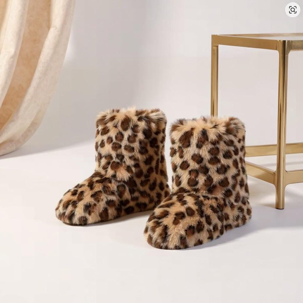 Leopard Fuzzy Boots, Faux Fur Ankle Boots, Cozy Winter Shoes for Women
