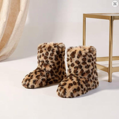 Leopard Fuzzy Boots, Faux Fur Ankle Boots, Cozy Winter Shoes for Women