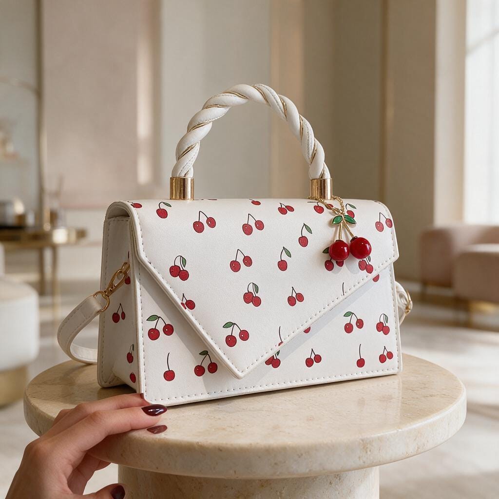 Cherry Print Handbag, White Cherry Shoulder Bag, Fruit Print Purse, Braided Handle Bag, Cute Flap Crossbody Bag, Summer Purse