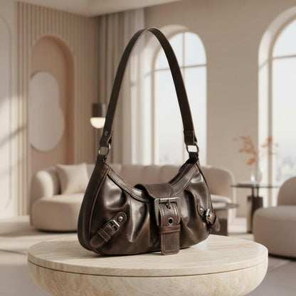 Vintage Brown Shoulder Bag, Y2K Hobo Purse, Retro Buckle Handbag, Dark Brown Everyday Bag