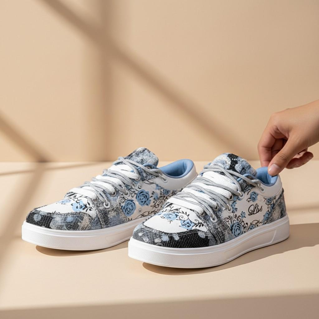 Blue Floral Sneakers, Women's Vintage Low Top Shoes, Lace Up