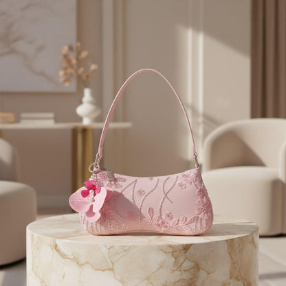 Pink Floral Beaded Shoulder Bag, Sequin Embroidered Purse, Romantic Flower Handbag, Cute Evening Bag for Women