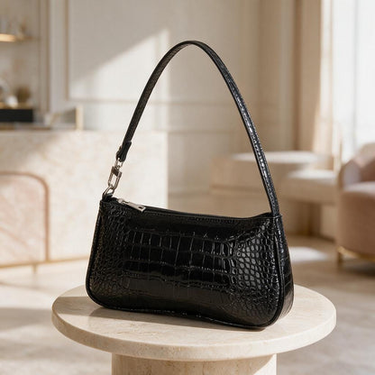 Black Croc Embossed Shoulder Bag, Y2K Baguette Purse, Glossy Mock Croc Handbag, Mini Underarm Bag, Patent Look Purse