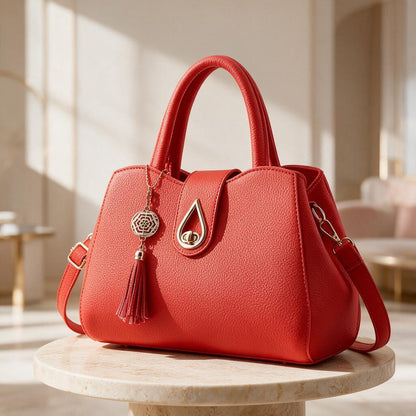 Red Structured Handbag, Top Handle Purse, Tassel Shoulder Bag, Red Crossbody Bag, Elegant Women's Satchel, Gift for Her