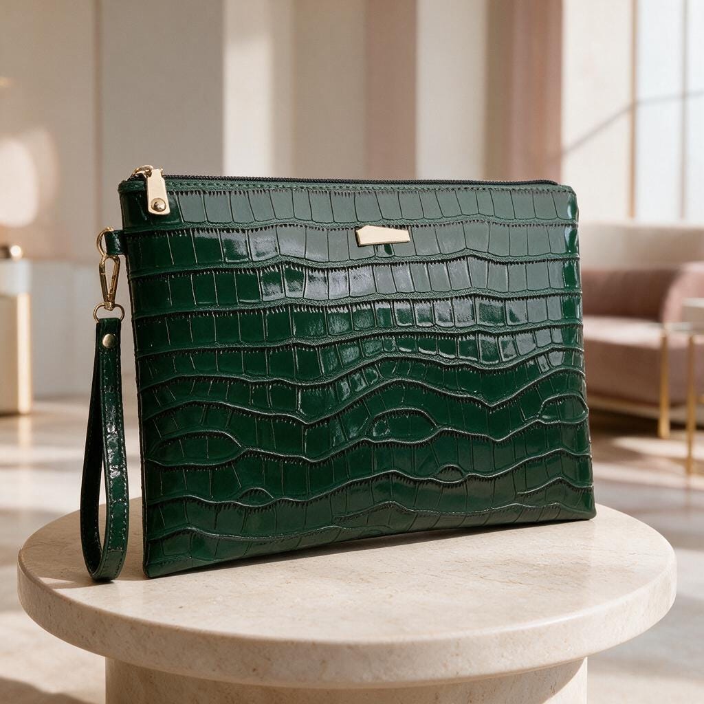 Green Crocodile Clutch Bag, Emerald Wristlet Purse, Embossed Evening Bag, Textured Green Handbag, Zip Top Party Purse