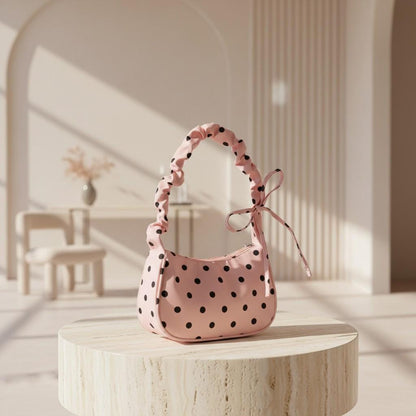 Pink Polka Dot Shoulder Bag, Bow Ribbon Strap Purse, Y2K Baguette Handbag, Coquette Pink Bag, Cute Everyday Purse