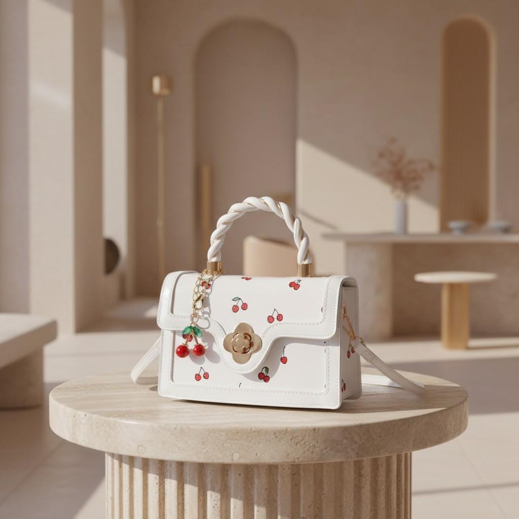 White Cherry Shoulder Bag, Cherry Print Purse, Braided Top Handle Handbag, Floral Clasp Crossbody Bag, Cute Summer Bag