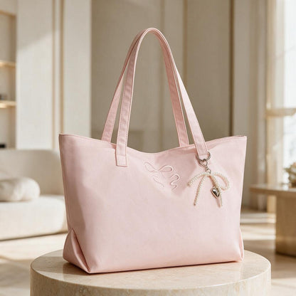 Pink Bow Tote Bag, Coquette Shoulder Bag, Soft Girl Handbag, Cute Pink Purse, Feminine Everyday Tote, Ribbon Charm Bag
