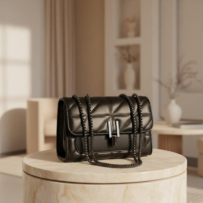 Black Quilted Shoulder Bag, Chain Crossbody Purse, Flap Handbag, Structured Black Bag, Women's Everyday Purse