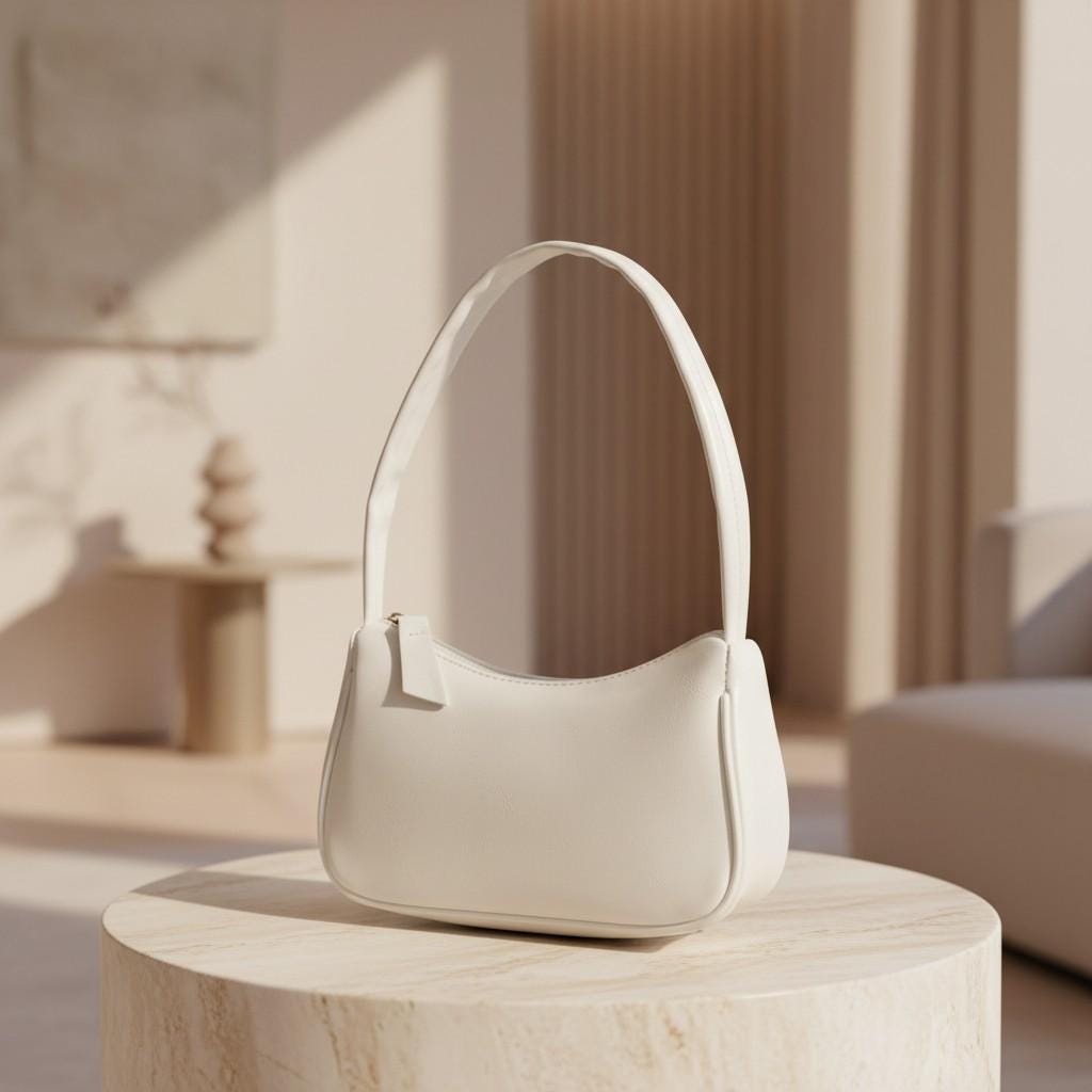 White Baguette Shoulder Bag, Minimalist Y2K Purse, Small White Handbag, Curved Underarm Bag, Women's Everyday Bag