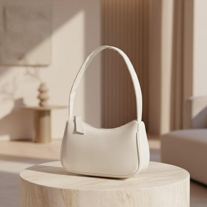 White Baguette Shoulder Bag, Minimalist Y2K Purse, Small White Handbag, Curved Underarm Bag, Women's Everyday Bag