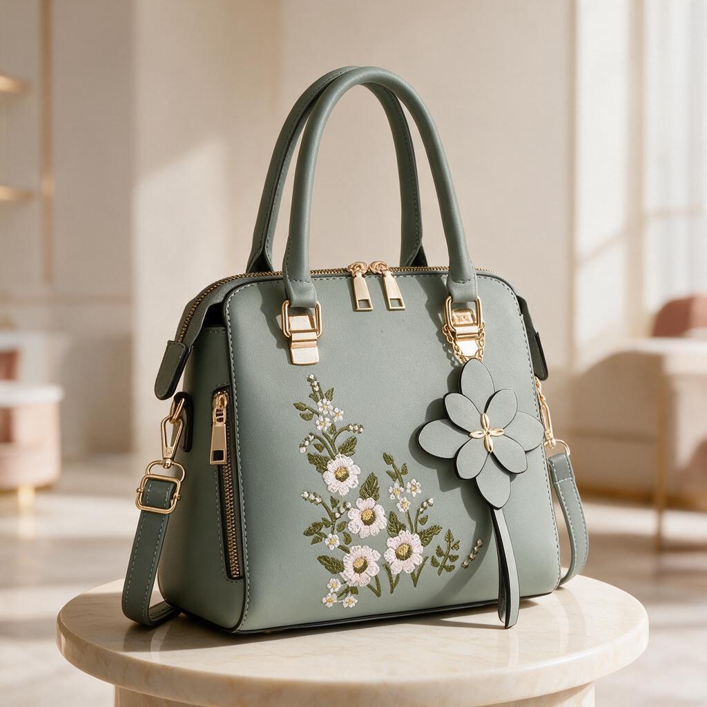 Sage Green Floral Handbag, Embroidered Flower Purse, Women's Shoulder Bag, 3D Flower Crossbody Bag
