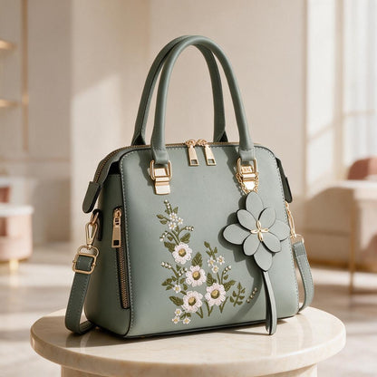Sage Green Floral Handbag, Embroidered Flower Purse, Women's Shoulder Bag, 3D Flower Crossbody Bag