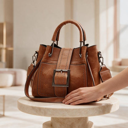 Brown Bucket Bag, Women's Structured Handbag, Top Handle Purse, Cognac Shoulder Bag, Buckle Crossbody Bag