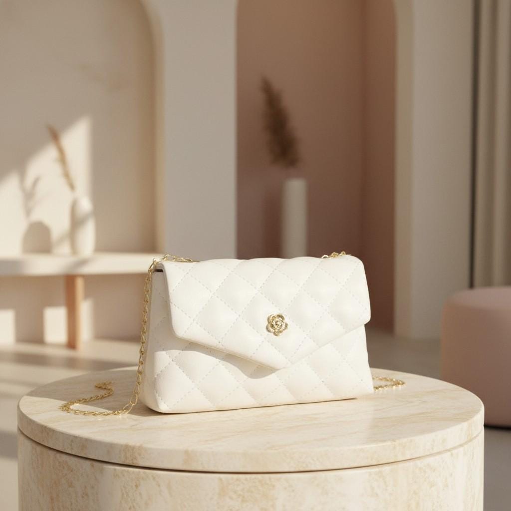 White Quilted Shoulder Bag, Gold Chain Purse, Floral Clasp Handbag, Diamond Quilted Crossbody Bag, Elegant Flap Bag