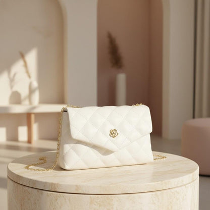 White Quilted Shoulder Bag, Gold Chain Purse, Floral Clasp Handbag, Diamond Quilted Crossbody Bag, Elegant Flap Bag