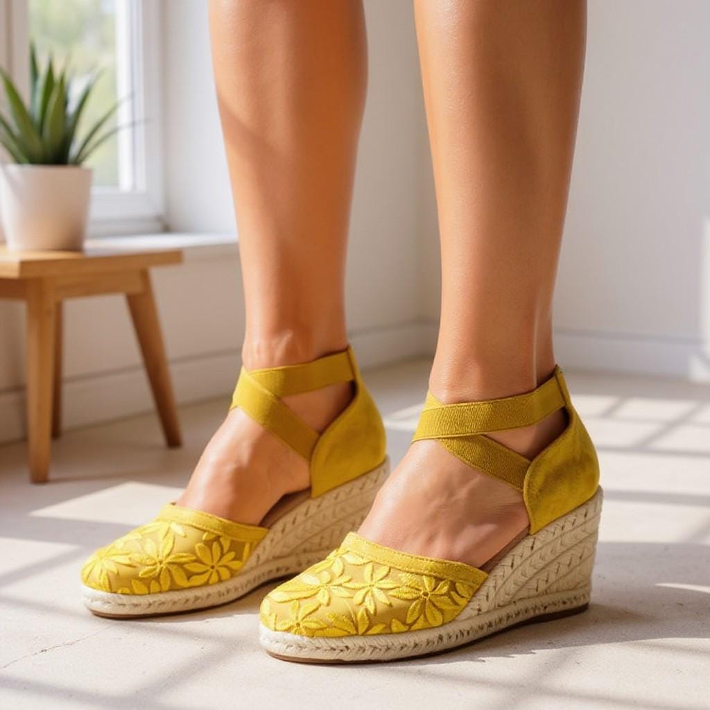 Yellow Floral Espadrille Wedge Sandals, Embroidered Ankle Strap Shoes, Summer Platform Heels