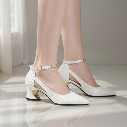 White Wedding Shoes, Floral Bridal Heels, Pointed Toe Ankle Strap Pumps