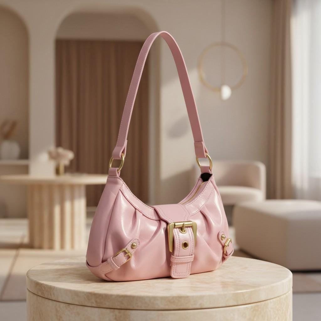 Pink Shoulder Bag, Y2K Hobo Purse, Pink Baguette Bag, Gold Buckle Handbag, Retro Pink Purse