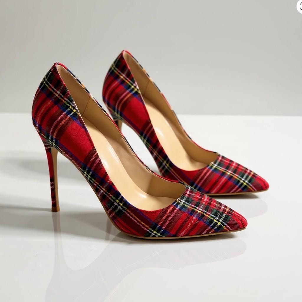 Red Plaid Heels, Tartan High Heel Pumps, Pointed Toe Stiletto Shoes, Women's Statement Dress Shoes
