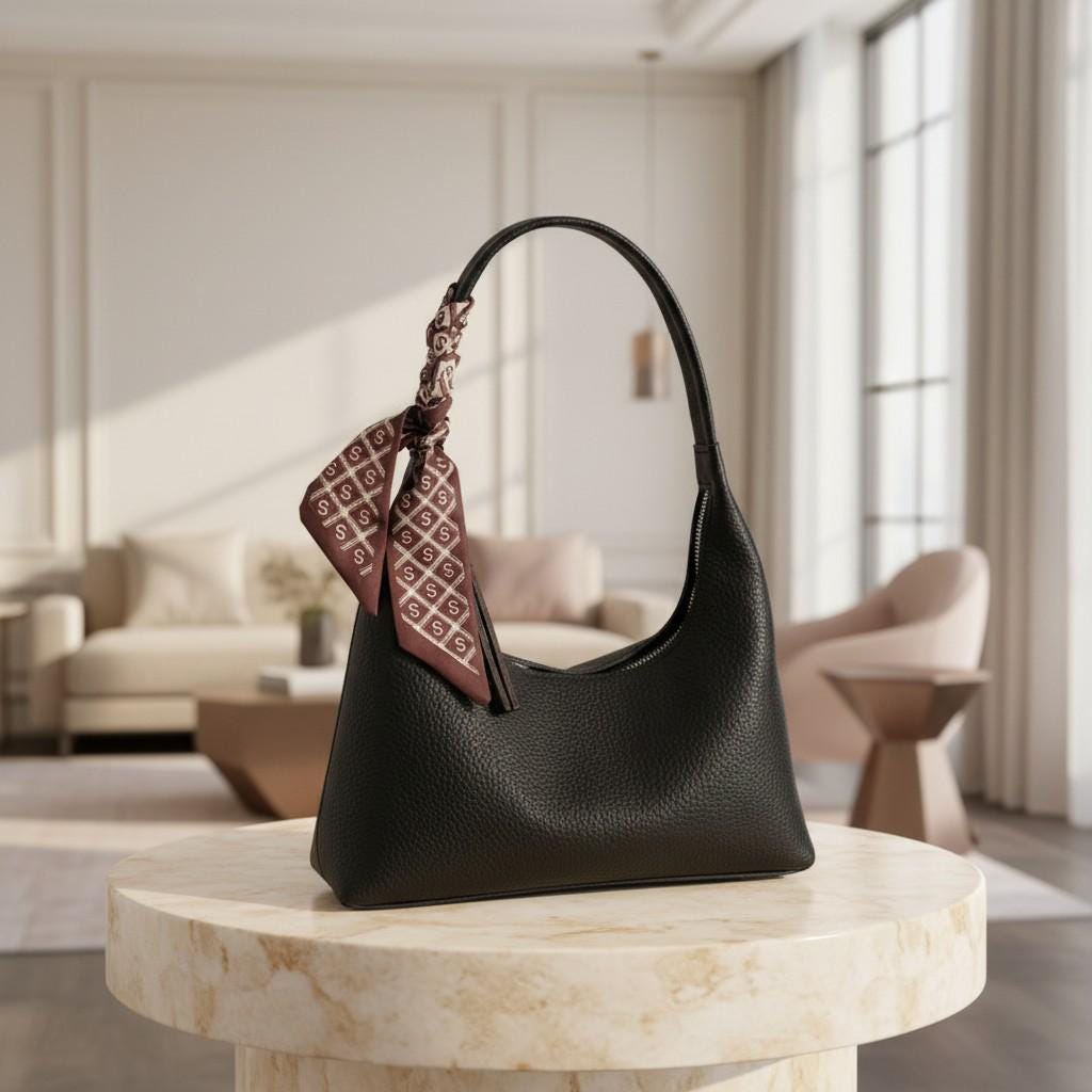 Black Shoulder Bag, Hobo Purse, Scarf Handle Handbag, Black Zip Bag, Minimalist Everyday Purse