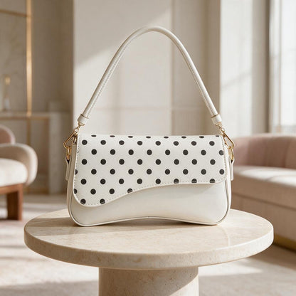 Polka Dot Shoulder Bag, White Crossbody Purse, Y2K Baguette Handbag, Retro Everyday Bag
