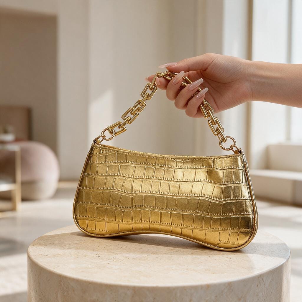Gold Crocodile Embossed Shoulder Bag, Y2K Baguette Purse, Metallic Chain Bag, Mini Underarm Handbag, Glam Evening Purse