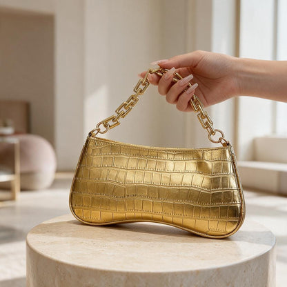 Gold Crocodile Embossed Shoulder Bag, Y2K Baguette Purse, Metallic Chain Bag, Mini Underarm Handbag, Glam Evening Purse