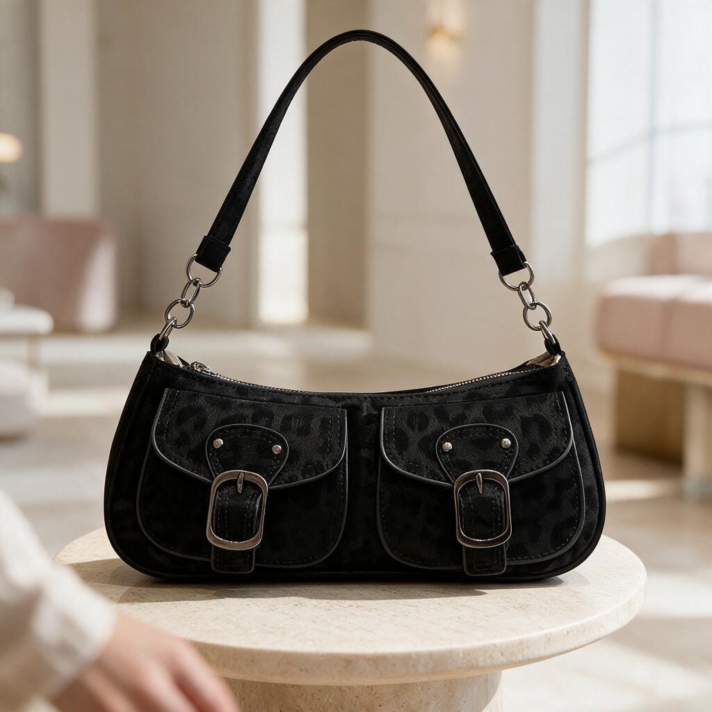 Black Buckle Shoulder Bag, Y2K Double Pocket Purse, 90s Baguette Handbag, Retro Bag