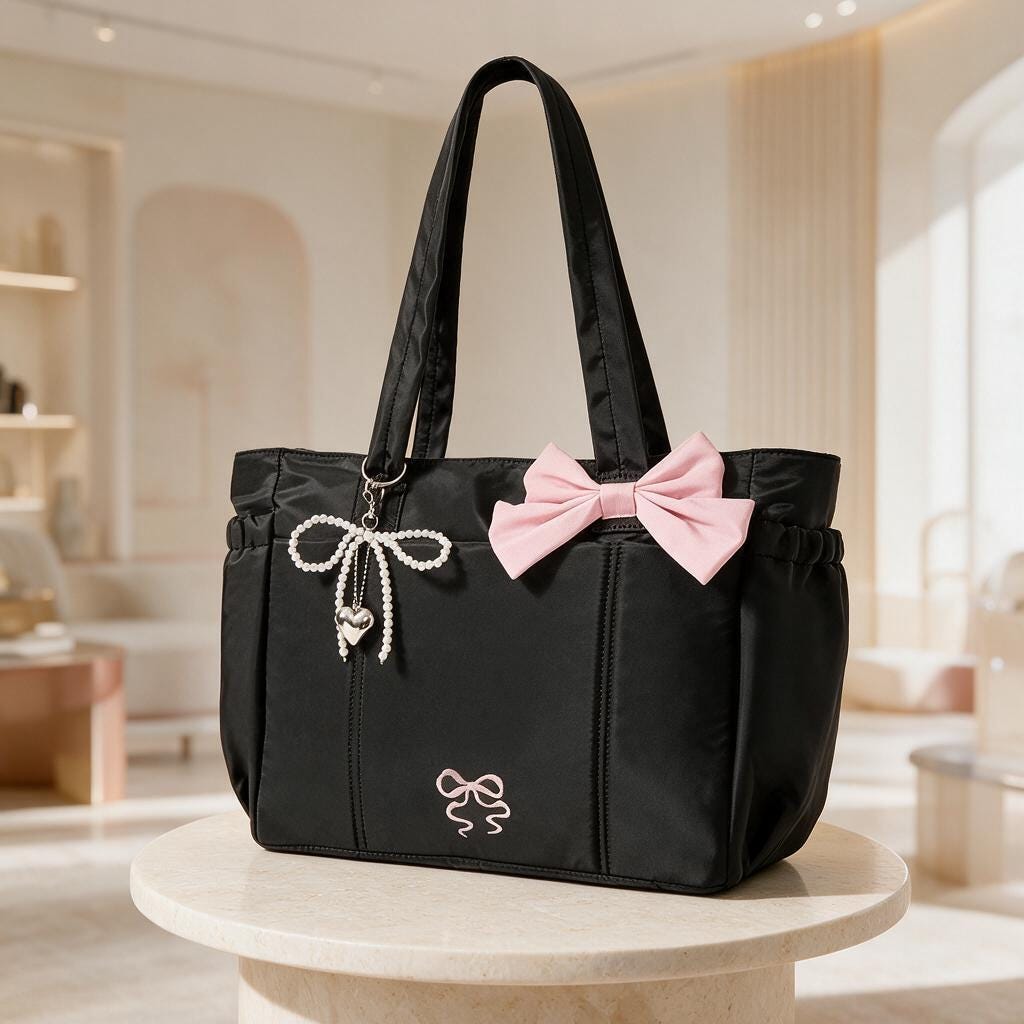 Black Bow Tote Bag, Pink Ribbon Handbag, Coquette Shoulder Bag, Pearl Charm Purse, Cute Feminine Everyday Bag