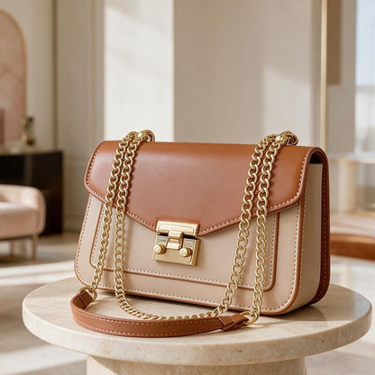 Two Tone Brown Beige Shoulder Bag, Structured Flap Purse, Gold Chain Crossbody Handbag, Neutral Colorblock Bag, Elegant Everyday Purse