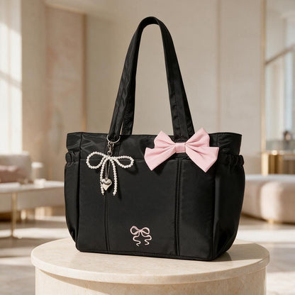 Black Bow Tote Bag, Pink Ribbon Handbag, Coquette Shoulder Bag, Pearl Charm Purse, Cute Feminine Everyday Bag